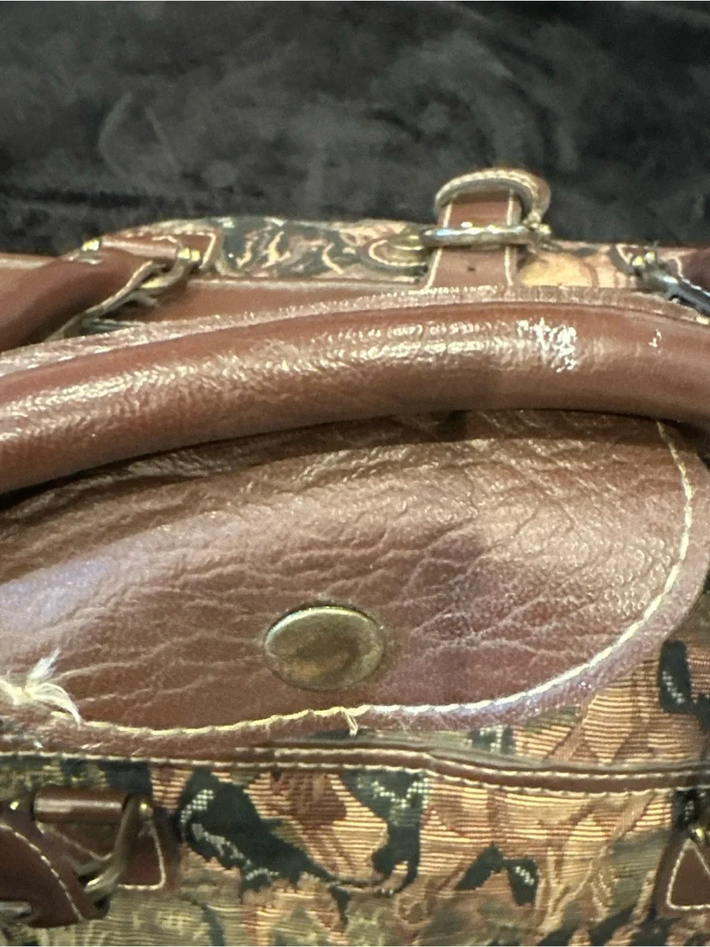 Capezio Brown Tapestry Duffel with Leather Trim Equestrian Hunt Scene